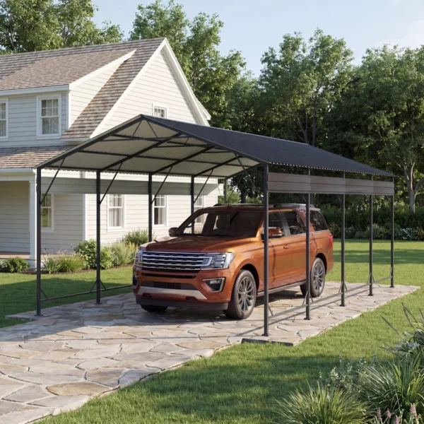12x20_metal_carport_with_vertical_roof_black_scene Patiowell 12'x20' Metal Carport with Vertical Roof, Black